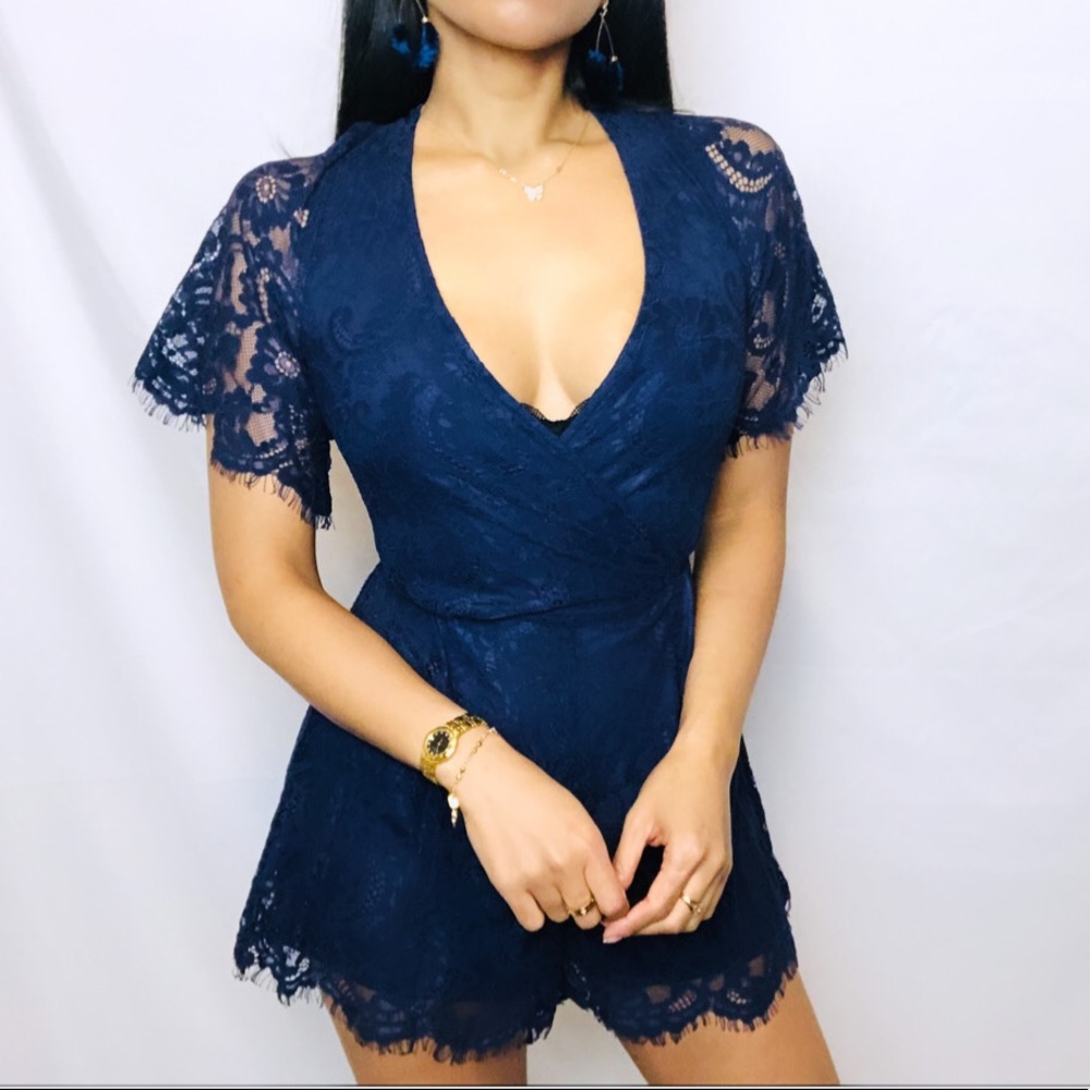 Blue Short Sleeve Full Lace Belted Romper with Open Keyhole